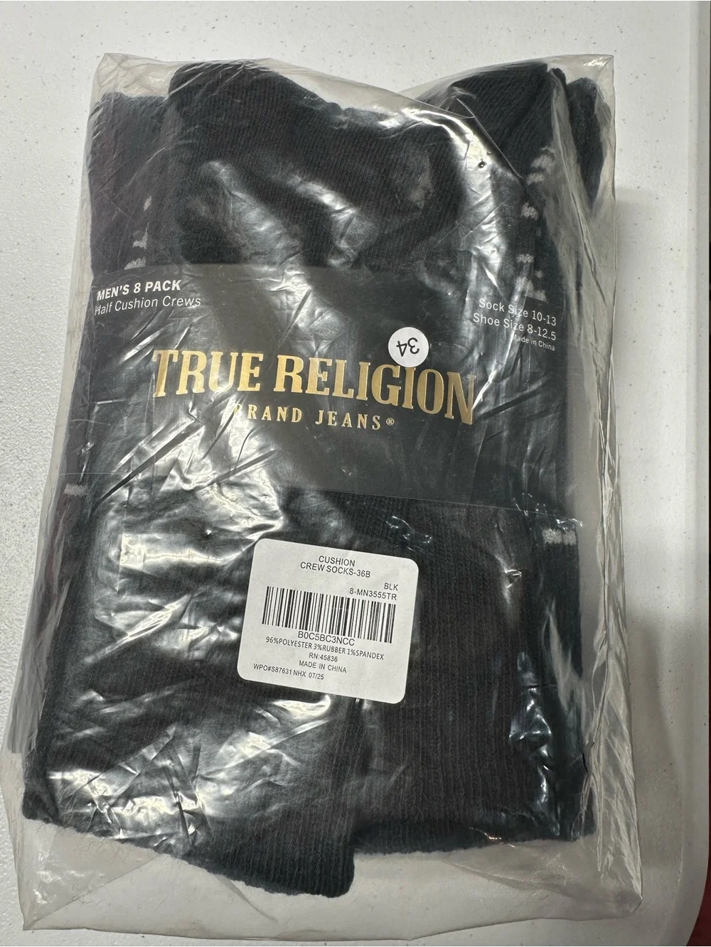 True Religion Men's Cushion Crew Socks 8 Pack • Black